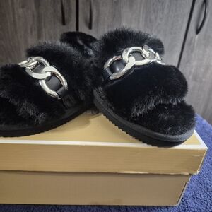 Michael Kors Black Fur Slides with Silver Chain